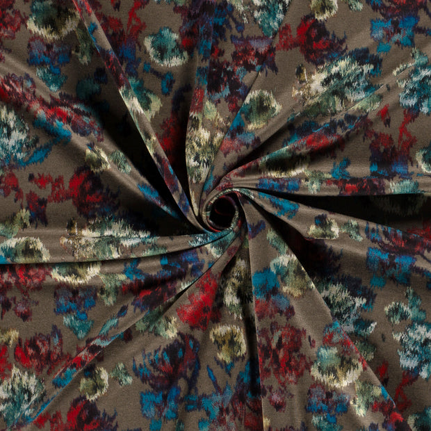 Poly Viscose Jersey fabric Taupe Grey discharge printed 
