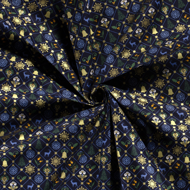 Cotton Poplin fabric Navy printed and foil 