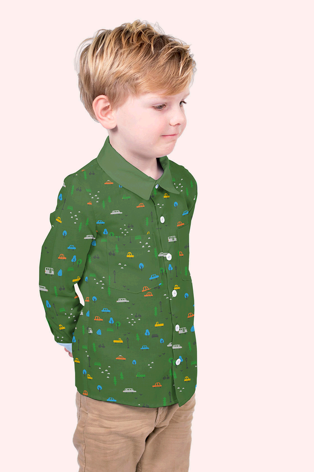 Cotton Poplin fabric Cars Khaki Green