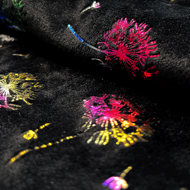 Velvet fabric Dandelions Black