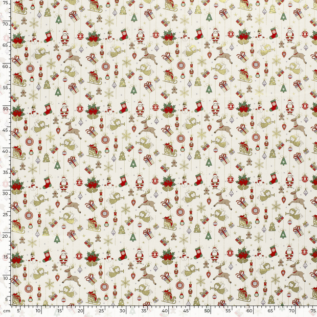 Cotton Poplin fabric Christmas ornaments Off White