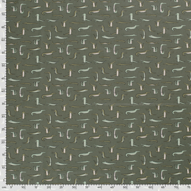 Cotton Poplin fabric Animals Khaki Green