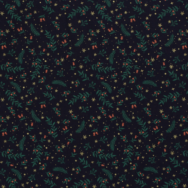 Cotton Poplin fabric Christmas twigs Navy