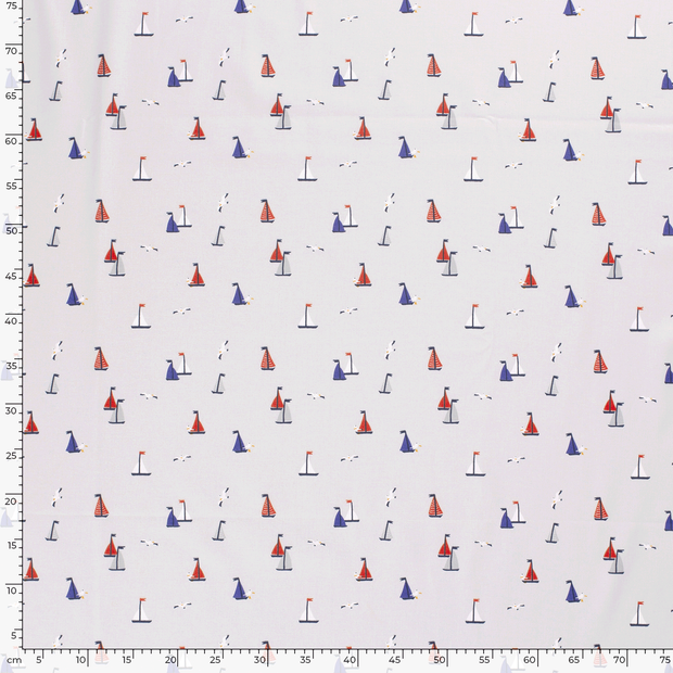 Cotton Poplin fabric Sailboats Light Grey