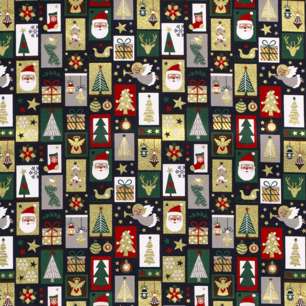 Cotton Poplin fabric Christmas patchwork Navy