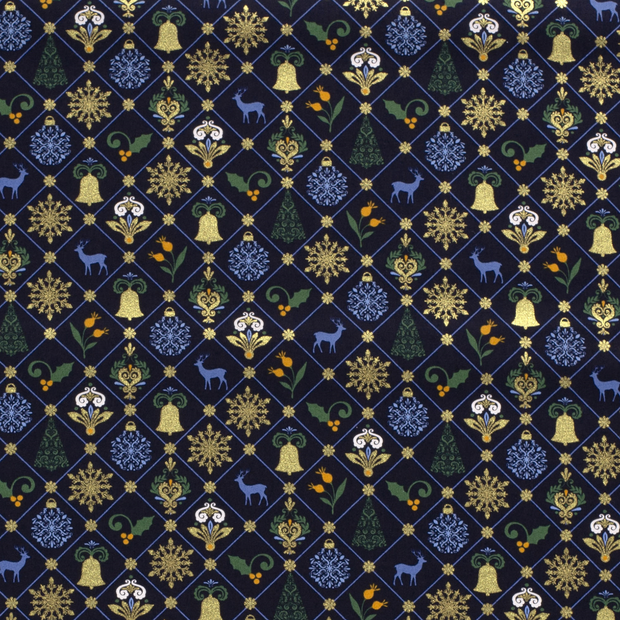 Cotton Poplin fabric Christmas ornaments Navy