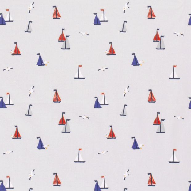 Cotton Poplin fabric Sailboats Light Grey