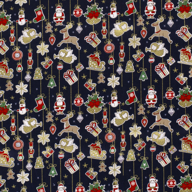 Cotton Poplin fabric Christmas ornaments Navy