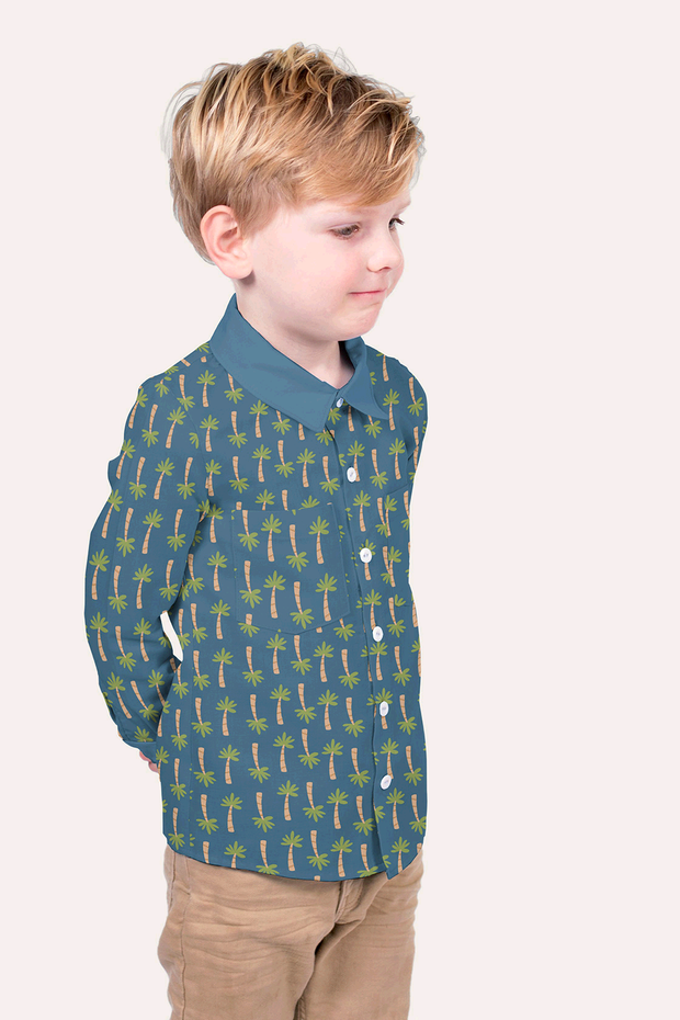 Cotton Poplin fabric Trees Steel Blue