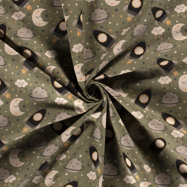 Linen Look fabric Olive Green printed 