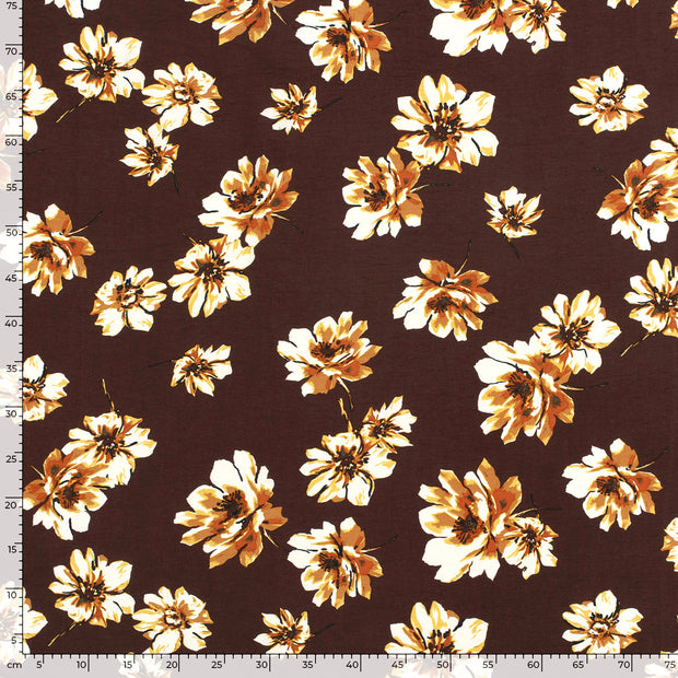 Viscose Nylon Crepe fabric Flowers Dark Brown