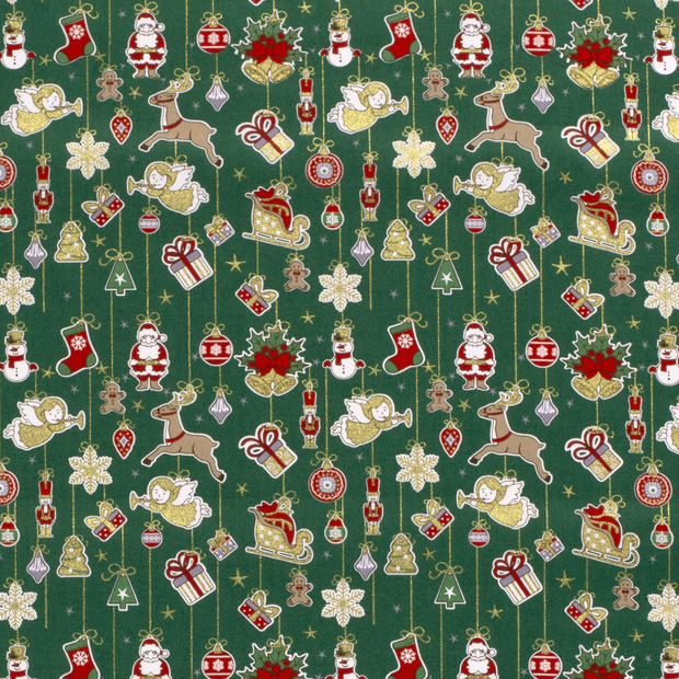 Cotton Poplin fabric Christmas ornaments Green