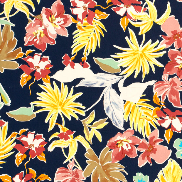 Cotton Satin fabric Flowers Navy