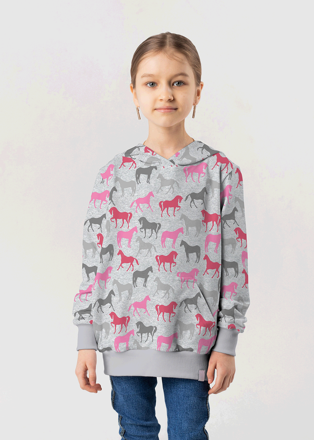 Alphen Fleece fabric Horses Middle Grey