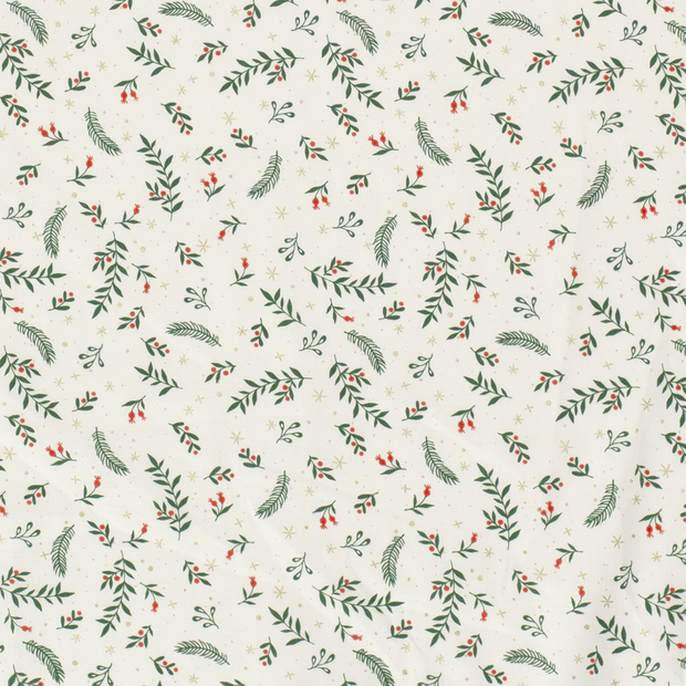 Cotton Poplin fabric Christmas twigs Off White