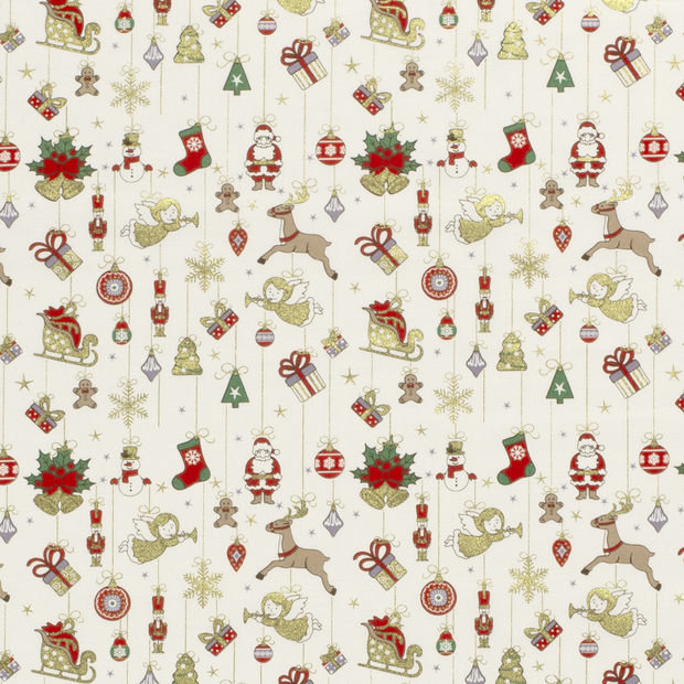 Cotton Poplin fabric Christmas ornaments Off White