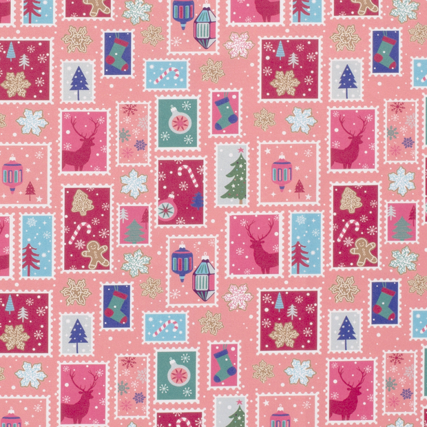 Cotton Poplin fabric Christmas snowflakes Pink