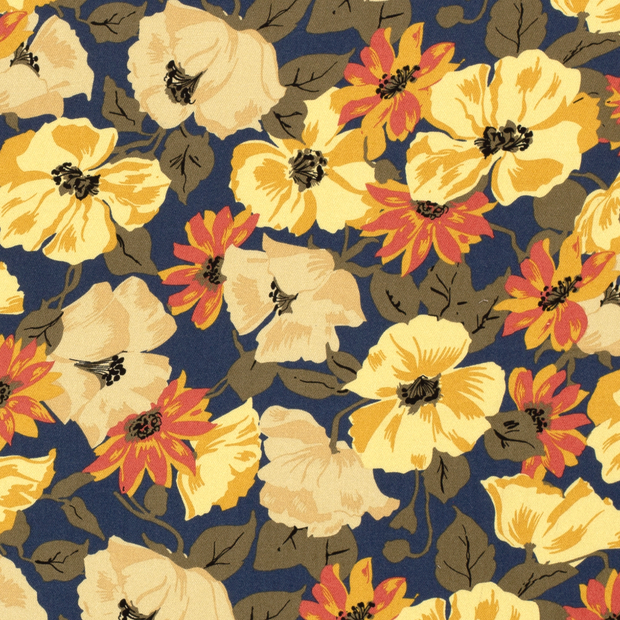 Viscose Twill fabric Flowers Indigo