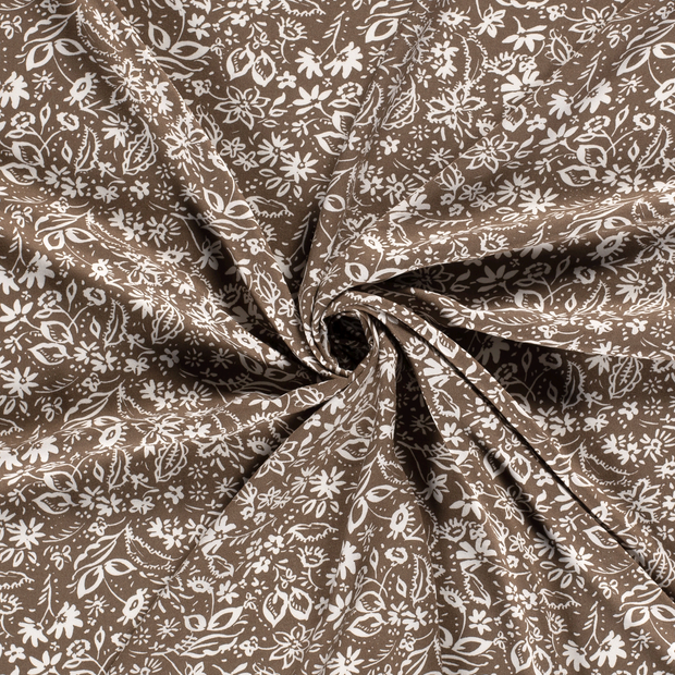 Viscose Twill stof Taupe grijs bedrukt 
