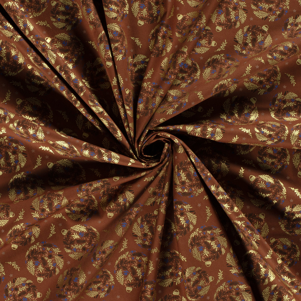 Cotton Poplin fabric Brique printed and foil 