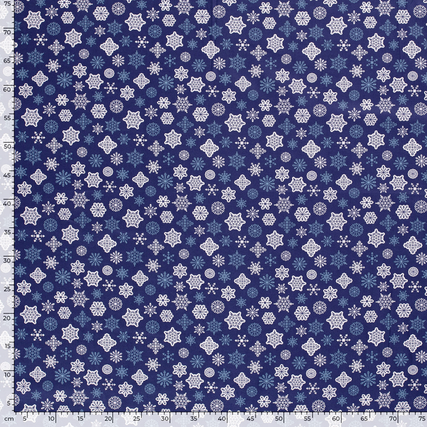Cotton Poplin fabric Christmas snowflakes Navy